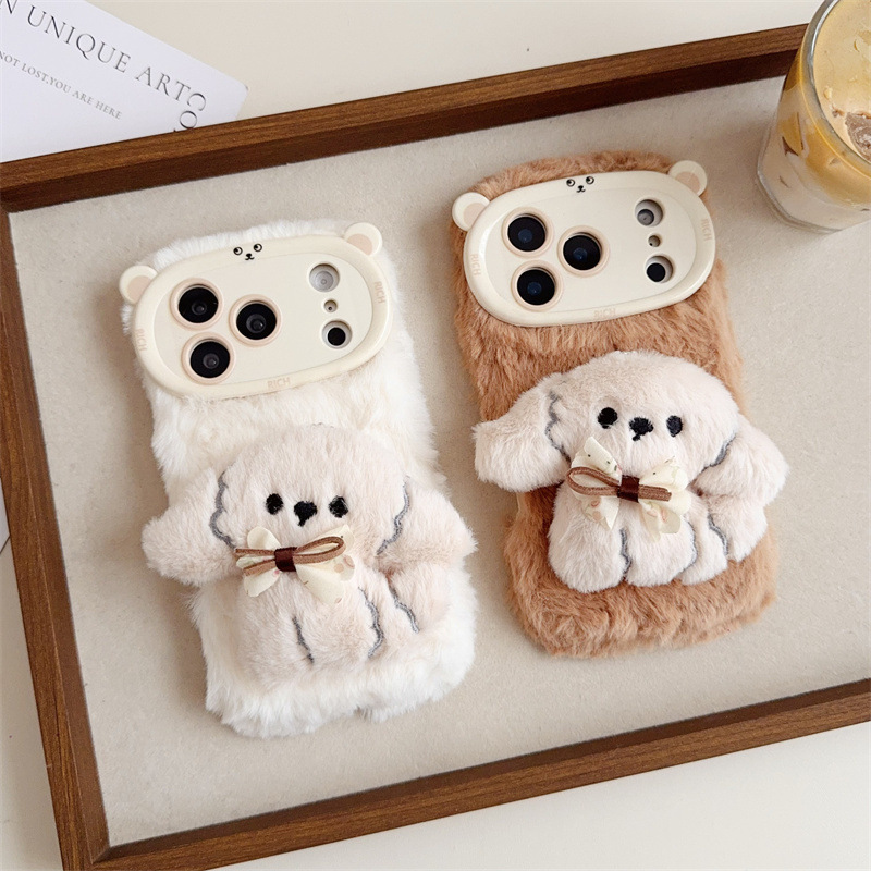 Phone Cases For Iphone 12 Pro Max - 3D Cartoon Bowknot Puppy Warm Fluffy