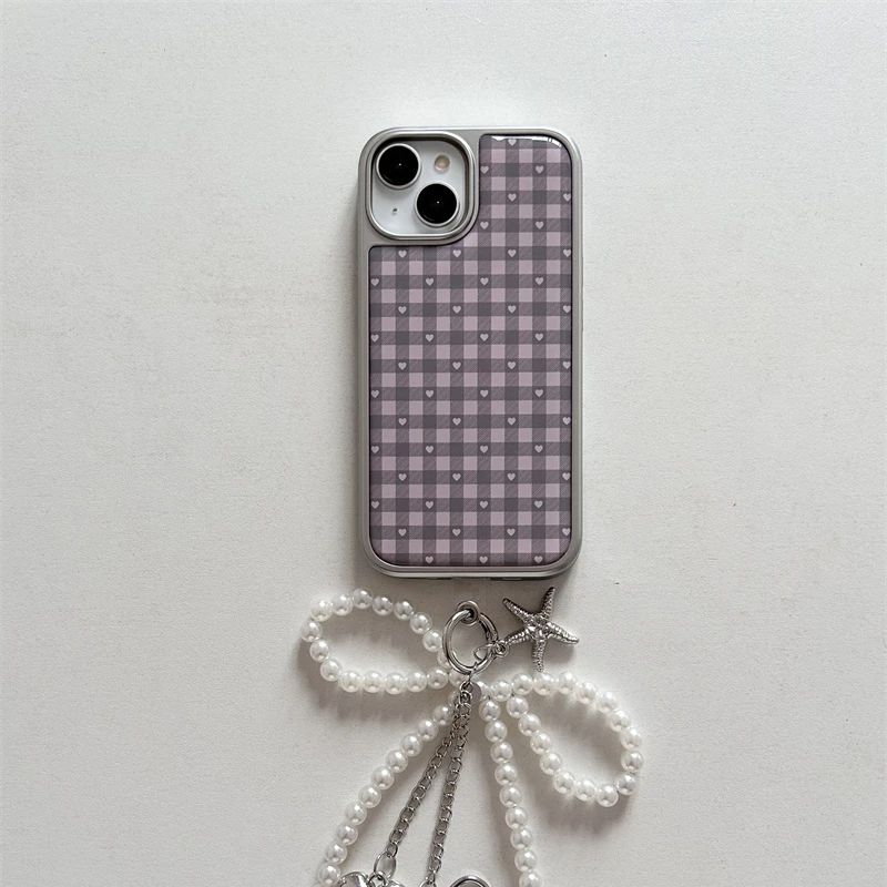Phone Cases For Girls - Pink Purple Heart-Shaped Checkered Korean ins